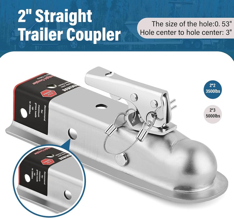 VEKINSE Straight Tongue (Zinc) Trailer Coupler with Hardware, Easy Remove Sticker and Instruction fit for 2" Channel, 2" Hitch Ball, 3,500 lbs, Silver - Image 4